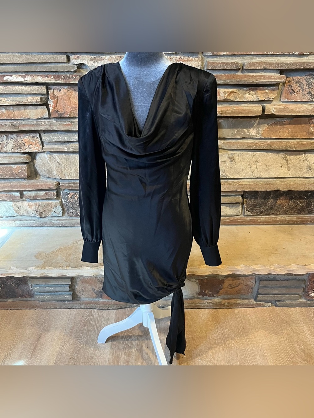 Cinq a Sept Elegant Black 100% Silk Draped Long-Sleeve Mini Dress